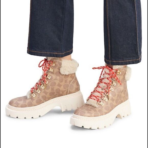 Coach Janel Signature Logo Print Shearling Accent Lug Sole Hiker Booties - Picture 4 of 4